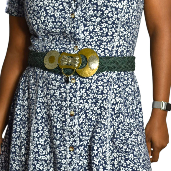 Baer SF Braided Belt Green Waxed Embellished Mixed Metals Discs Artsy Handmade - Picture 11 of 16